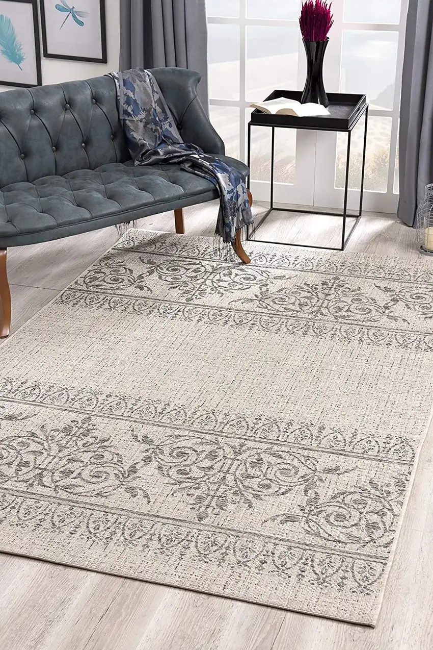 Ivory Distressed Scroll Pattern Area Rug Photo 5