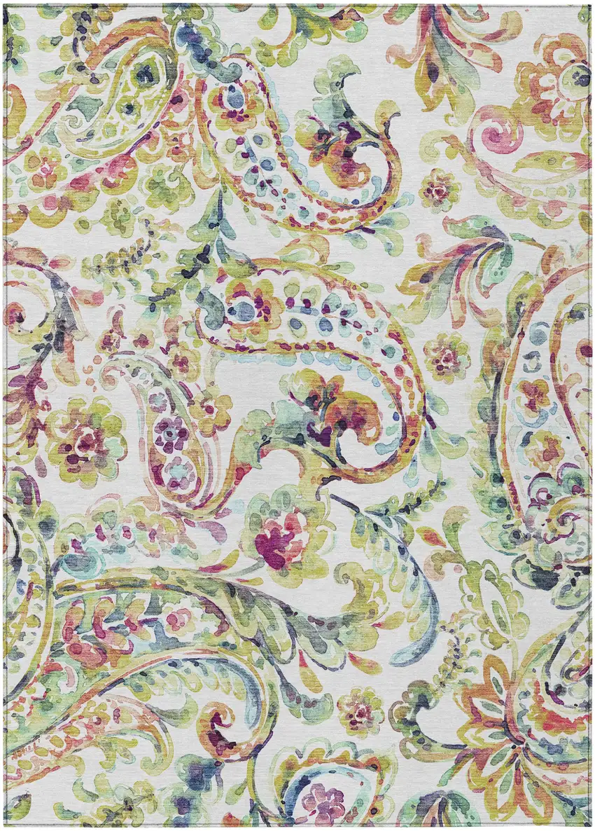 Ivory Fern Green And Artichoke Green Paisley Washable Indoor Outdoor Area Rug Photo 2