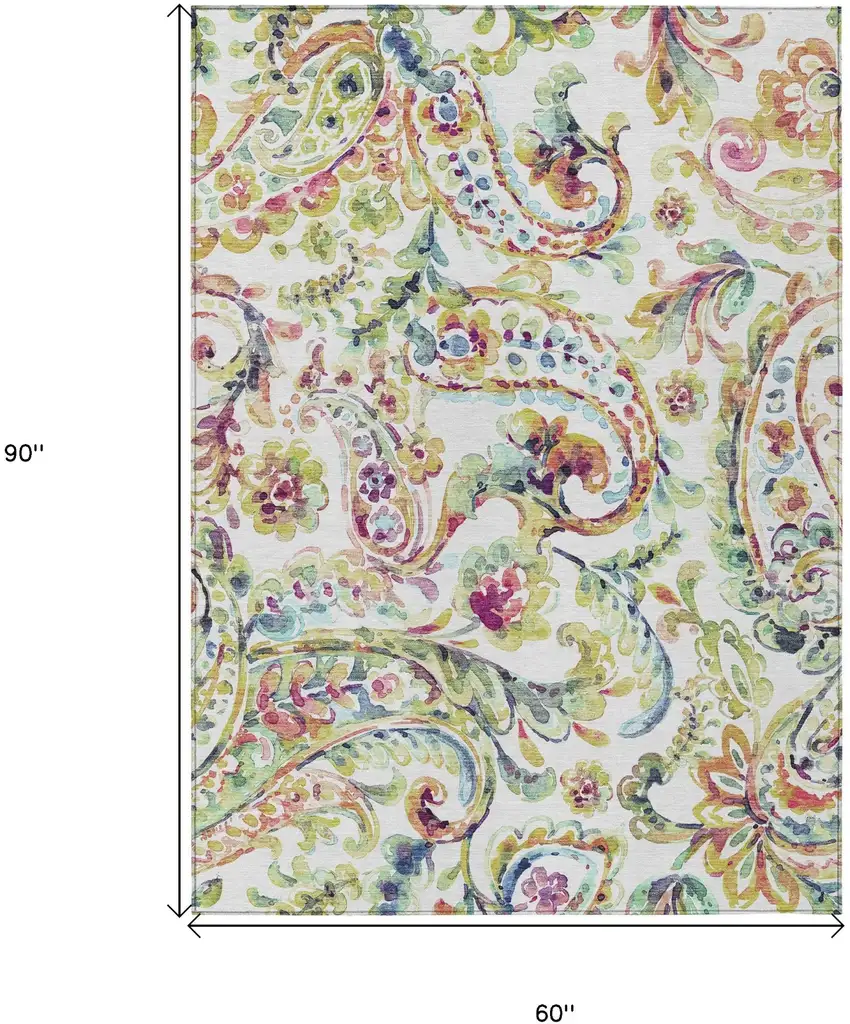 Ivory Fern Green And Artichoke Green Paisley Washable Indoor Outdoor Area Rug Photo 3