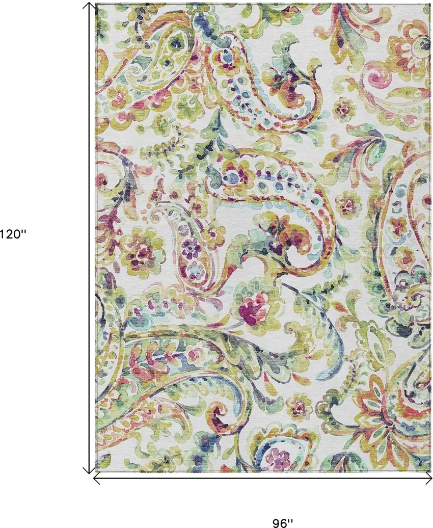 Ivory Fern Green And Artichoke Green Paisley Washable Indoor Outdoor Area Rug Photo 3