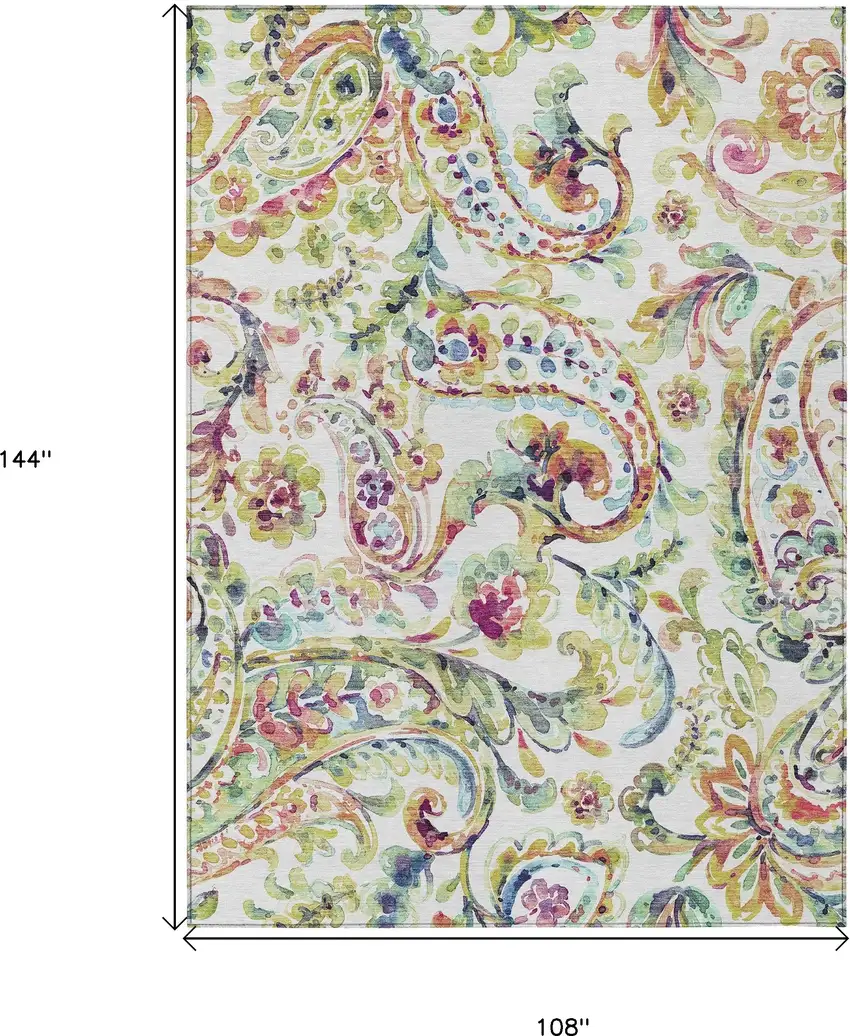 Ivory Fern Green And Artichoke Green Paisley Washable Indoor Outdoor Area Rug Photo 3