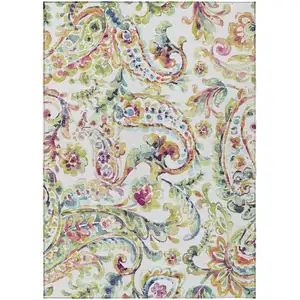 Photo of Ivory Fern Green And Artichoke Green Paisley Washable Indoor Outdoor Area Rug
