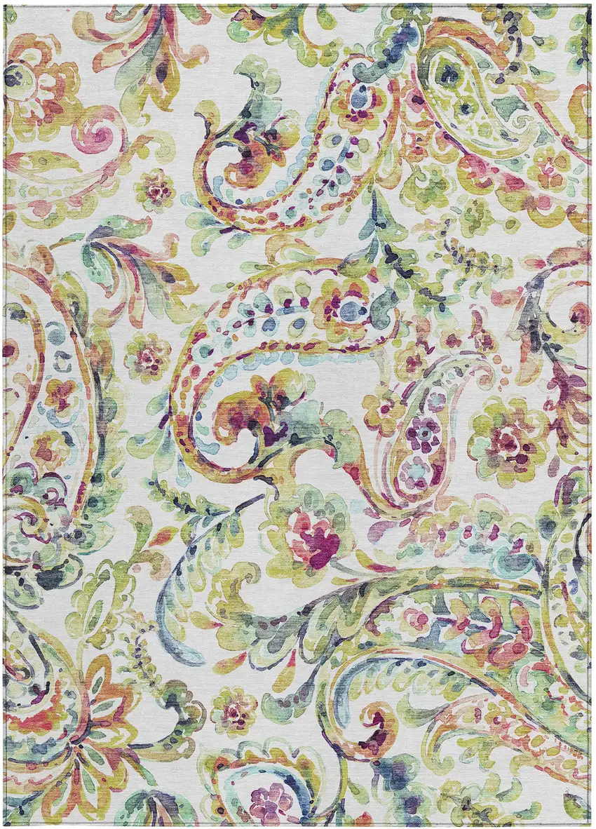 Ivory Fern Green And Artichoke Green Paisley Washable Indoor Outdoor Area Rug Photo 7