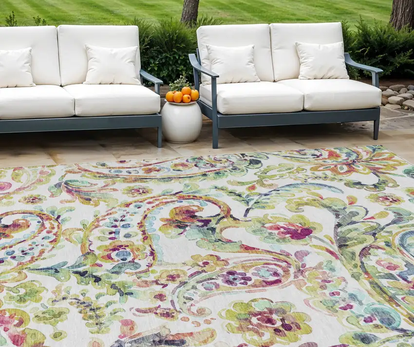 Ivory Fern Green And Artichoke Green Paisley Washable Indoor Outdoor Area Rug Photo 1