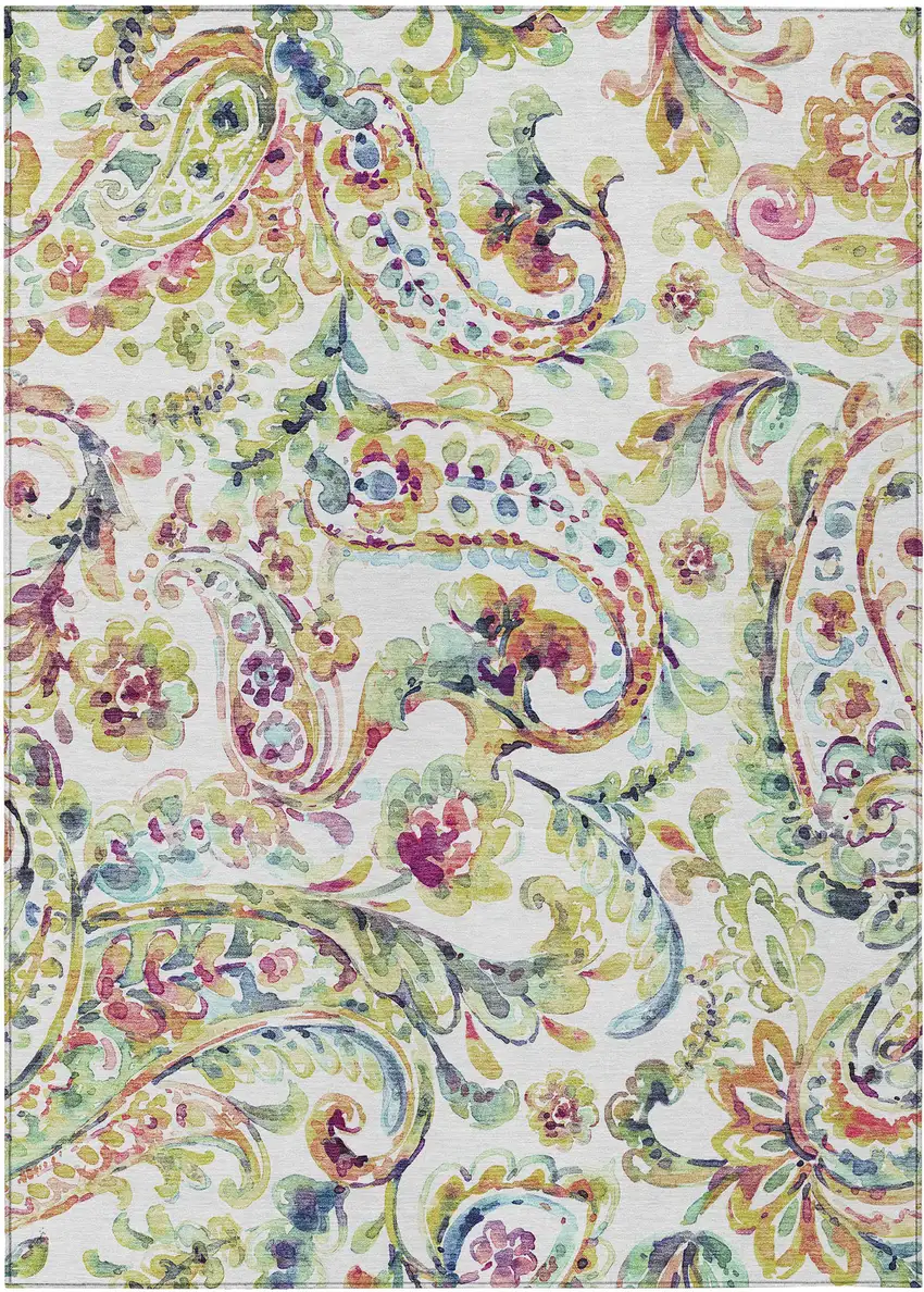 Ivory Fern Green And Artichoke Green Paisley Washable Indoor Outdoor Area Rug Photo 2