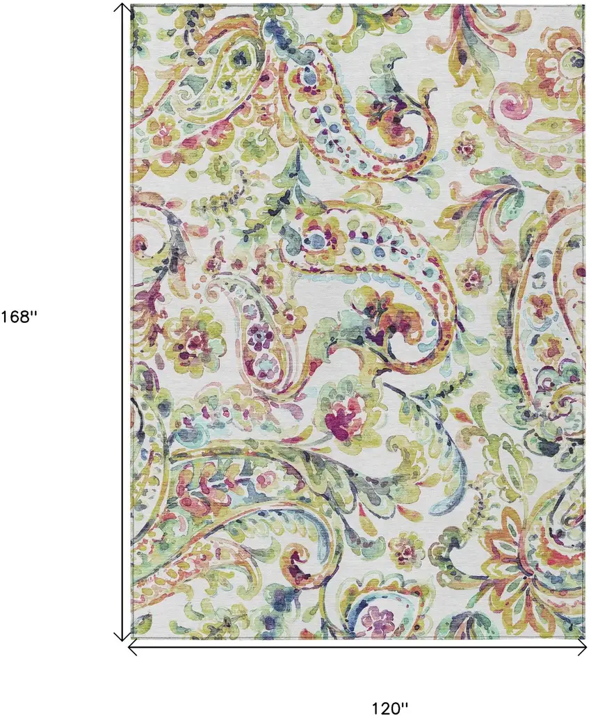 Ivory Fern Green And Artichoke Green Paisley Washable Indoor Outdoor Area Rug Photo 3