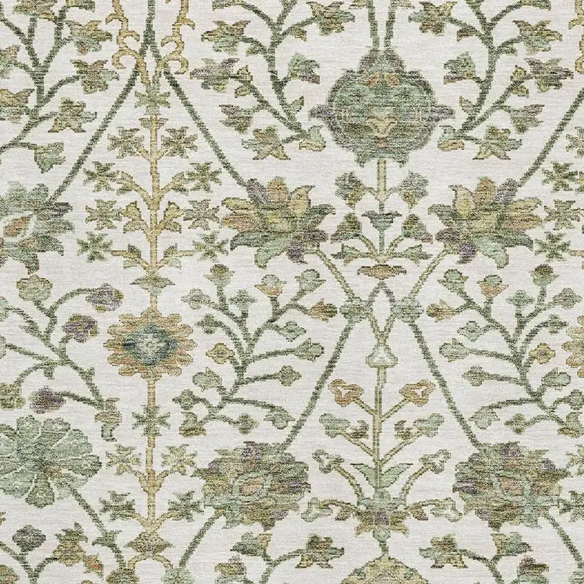 Ivory Fern Green And Beige Floral Washable Area Rug With UV Protection Photo 3