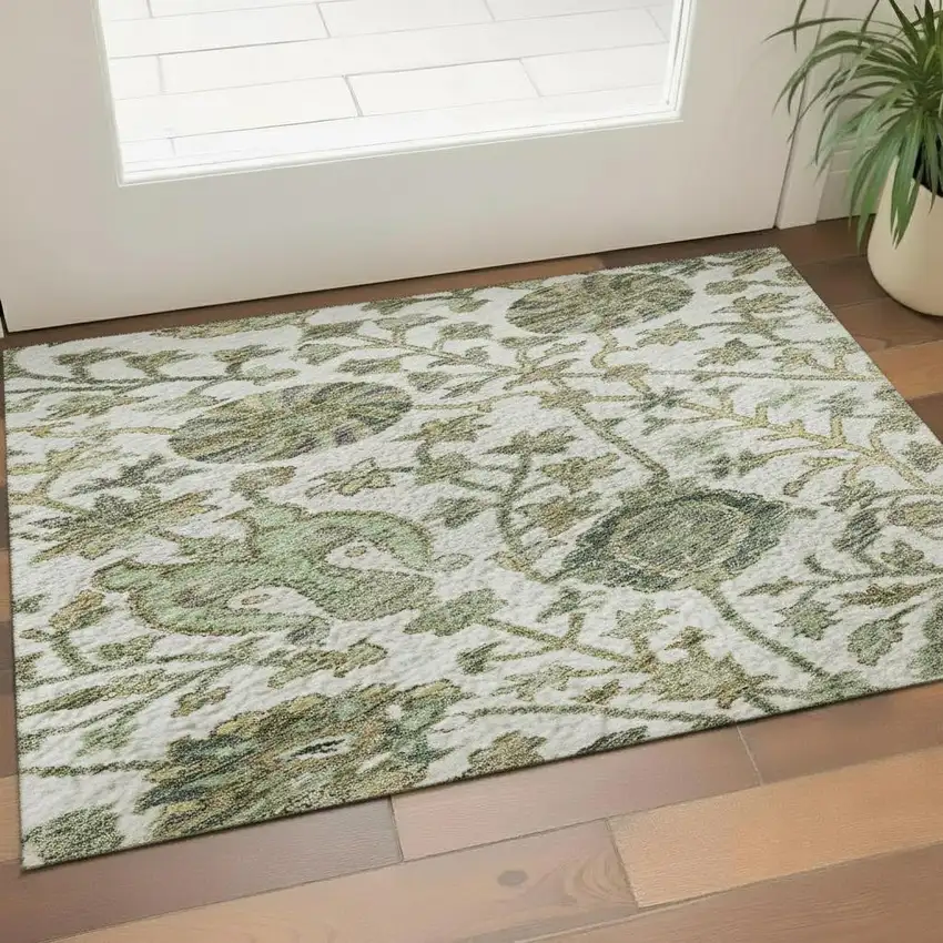 Ivory Fern Green And Beige Floral Washable Area Rug With UV Protection Photo 2