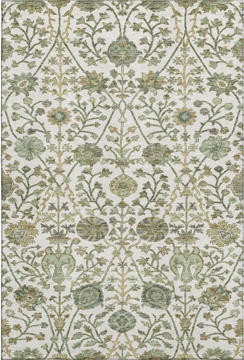 Ivory Fern Green And Beige Floral Washable Area Rug With UV Protection Photo 5
