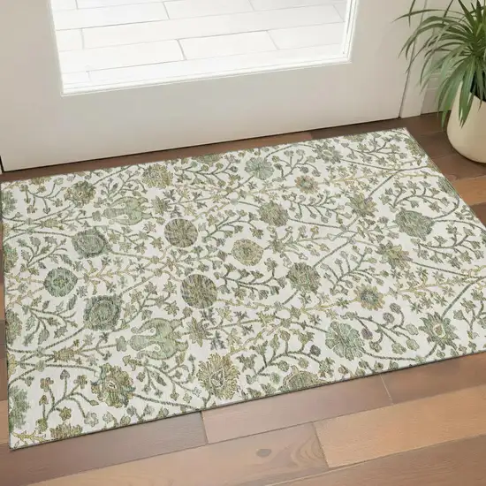 Ivory Fern Green And Beige Floral Washable Area Rug With UV Protection Photo 1