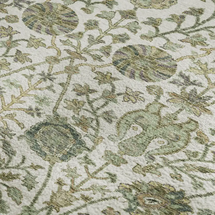 Ivory Fern Green And Beige Floral Washable Area Rug With UV Protection Photo 2