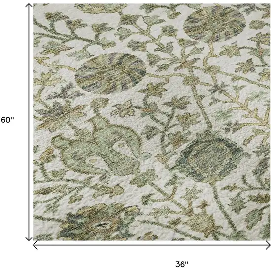 Ivory Fern Green And Beige Floral Washable Area Rug With UV Protection Photo 9