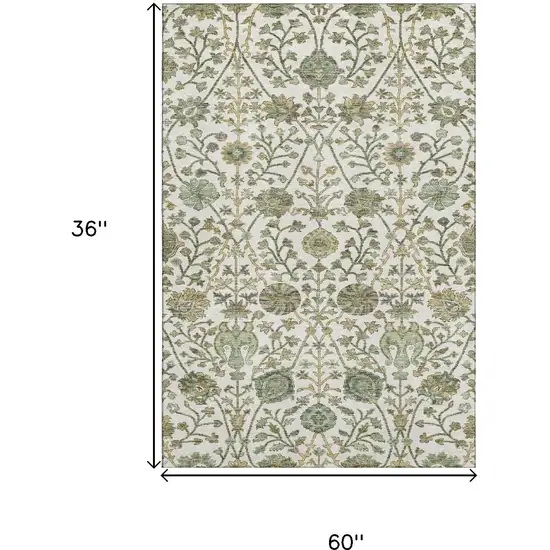 Ivory Fern Green And Beige Floral Washable Area Rug With UV Protection Photo 9