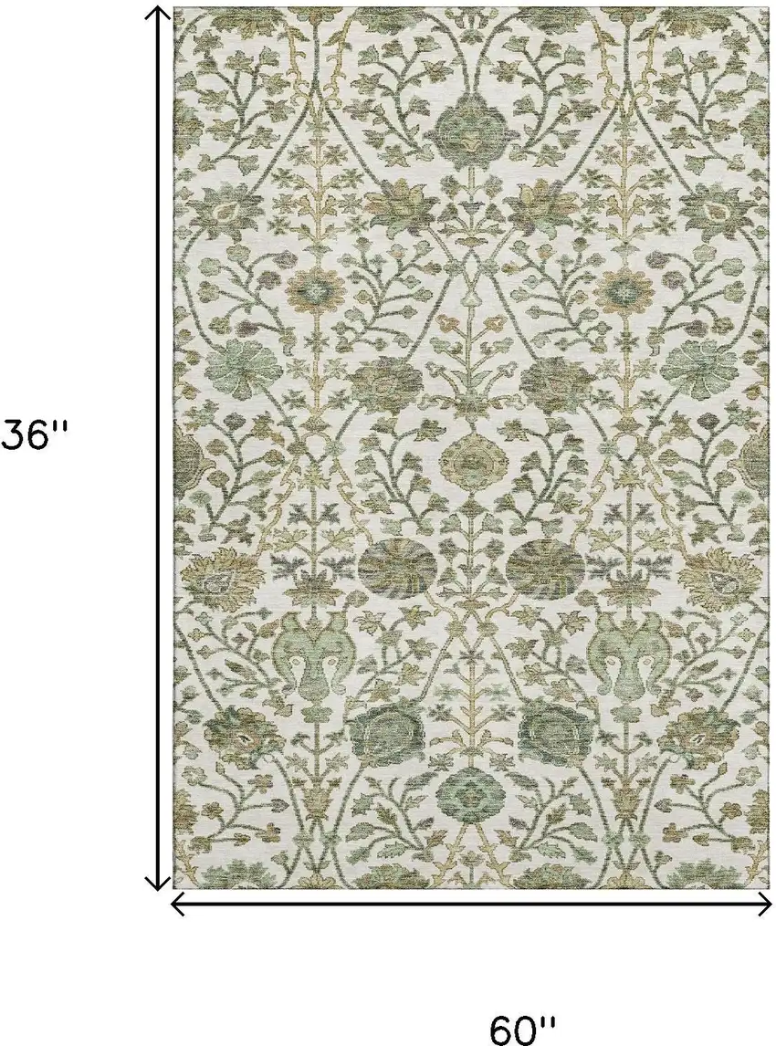 Ivory Fern Green And Beige Floral Washable Area Rug With UV Protection Photo 9