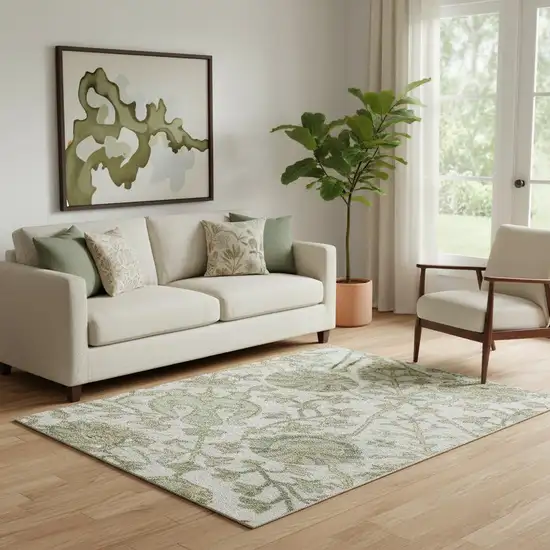 Ivory Fern Green And Beige Floral Washable Area Rug With UV Protection Photo 2