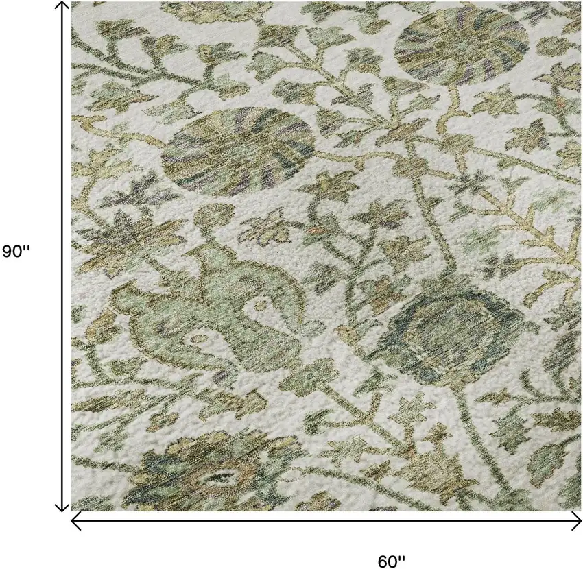 Ivory Fern Green And Beige Floral Washable Area Rug With UV Protection Photo 9