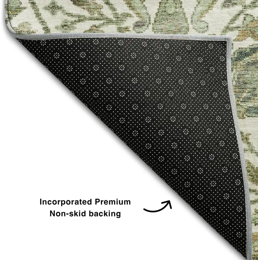 Ivory Fern Green And Beige Floral Washable Area Rug With UV Protection Photo 6