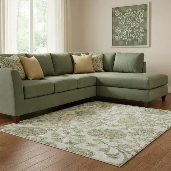 Ivory Fern Green And Beige Floral Washable Area Rug With UV Protection Photo 2