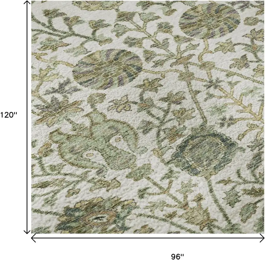 Ivory Fern Green And Beige Floral Washable Area Rug With UV Protection Photo 9