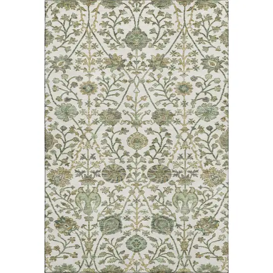 Ivory Fern Green And Beige Floral Washable Area Rug With UV Protection Photo 5
