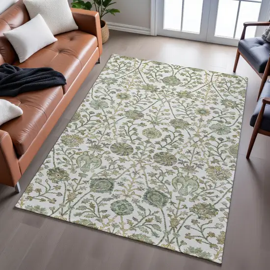 Ivory Fern Green And Beige Floral Washable Area Rug With UV Protection Photo 4