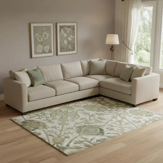 Ivory Fern Green And Beige Floral Washable Area Rug With UV Protection Photo 2