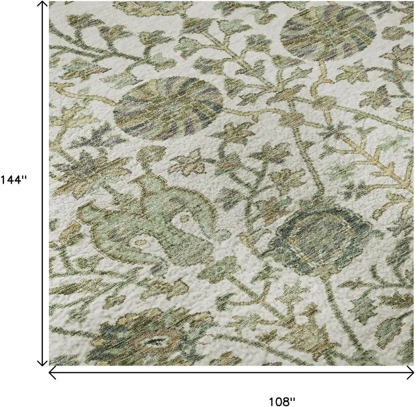Ivory Fern Green And Beige Floral Washable Area Rug With UV Protection Photo 9