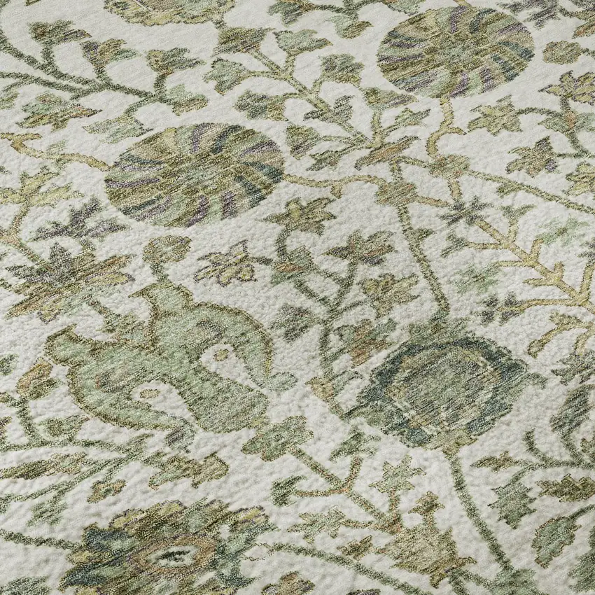 Ivory Fern Green And Beige Floral Washable Area Rug With UV Protection Photo 1