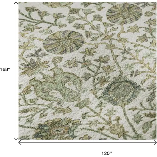Ivory Fern Green And Beige Floral Washable Area Rug With UV Protection Photo 8