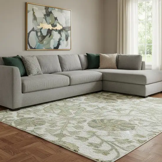 Ivory Fern Green And Beige Floral Washable Area Rug With UV Protection Photo 2