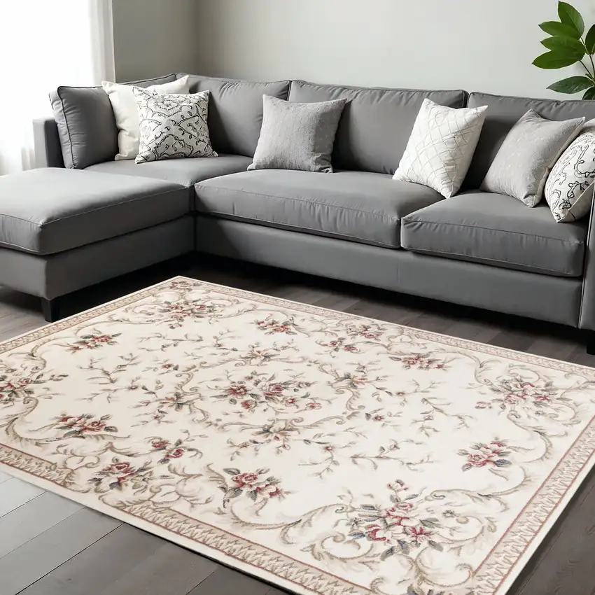 Ivory Red And Green Floral Medallion Area Rug Photo 1