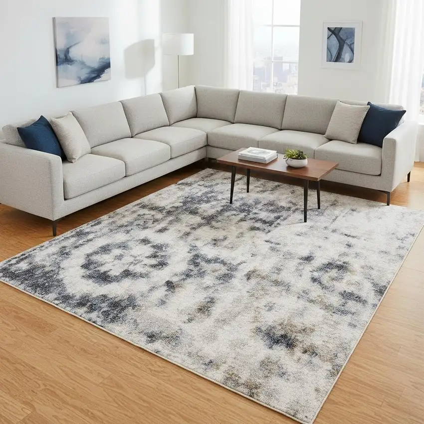 Ivory Floral Distressed Area Rug Photo 1