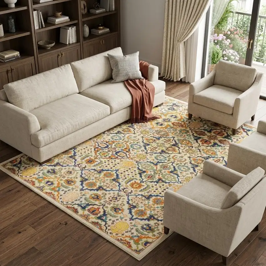 Ivory Floral Power Loom Area Rug Photo 1