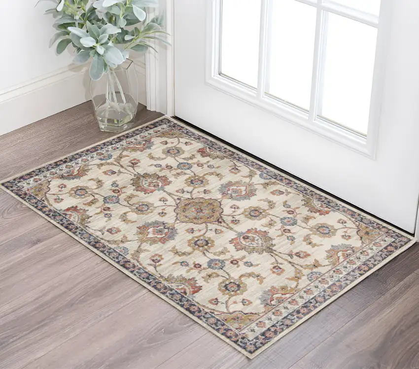 Ivory Navy and Orange Floral Power Loom Area Rug Photo 1