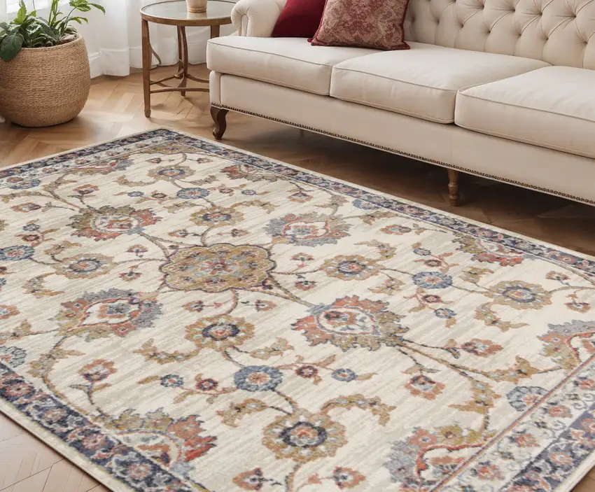 Ivory Navy and Orange Floral Power Loom Area Rug Photo 1