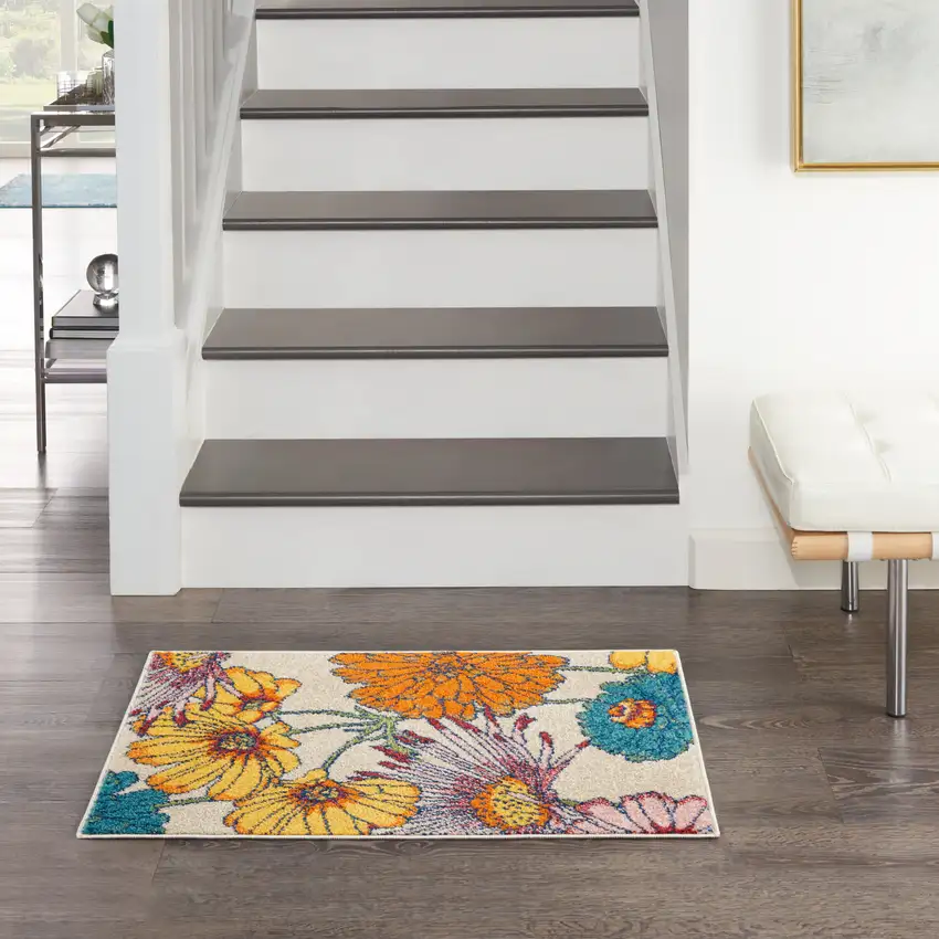 Ivory Floral Power Loom Area Rug Photo 5