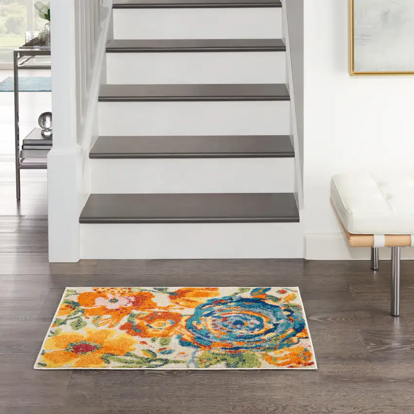 Ivory Floral Power Loom Area Rug Photo 5
