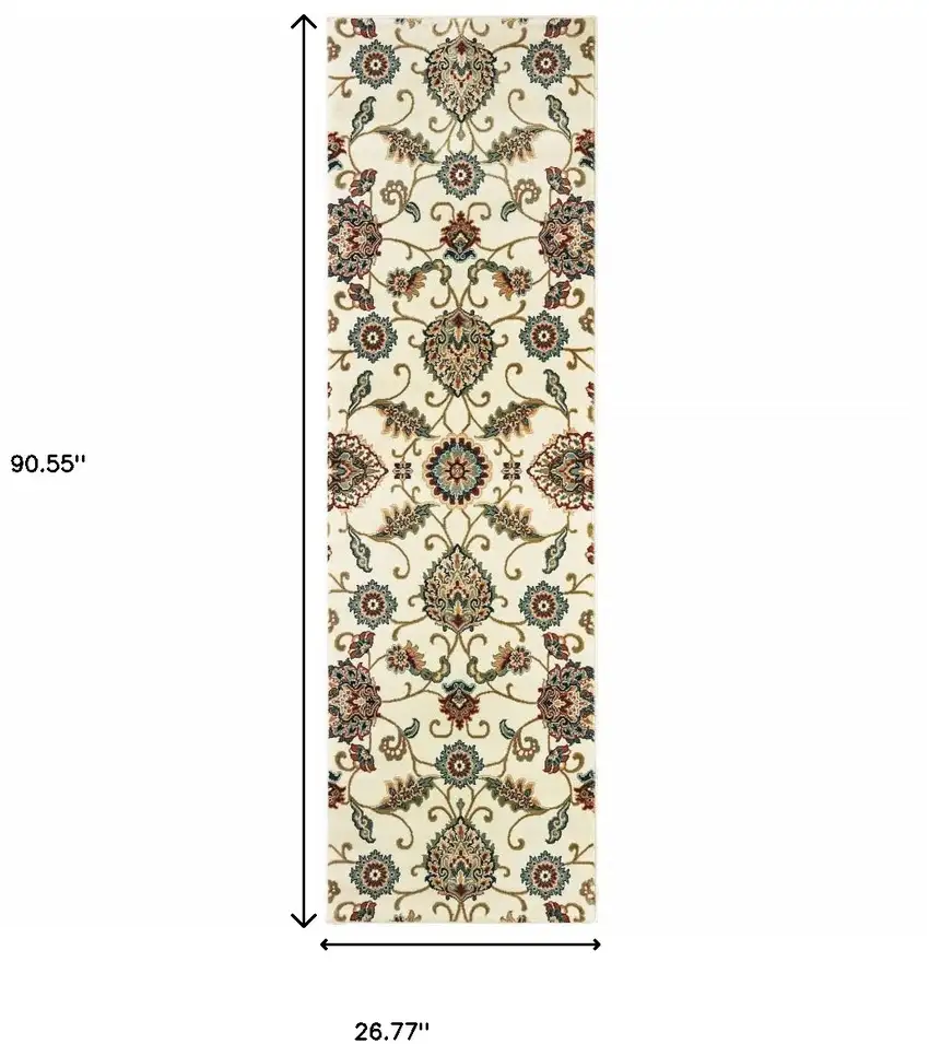 2' X 8' Ivory Floral Power Loom Stain Resistant Runner Rug Photo 3