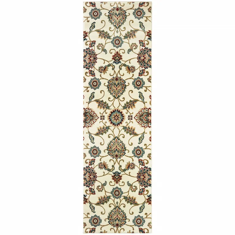 Ivory Floral Power Loom Stain Resistant Runner Rug Photo 2
