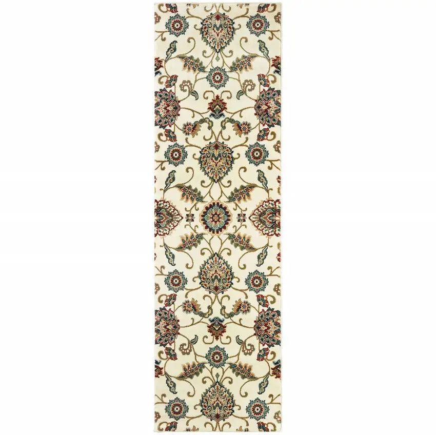 2' X 8' Ivory Floral Power Loom Stain Resistant Runner Rug Photo 2