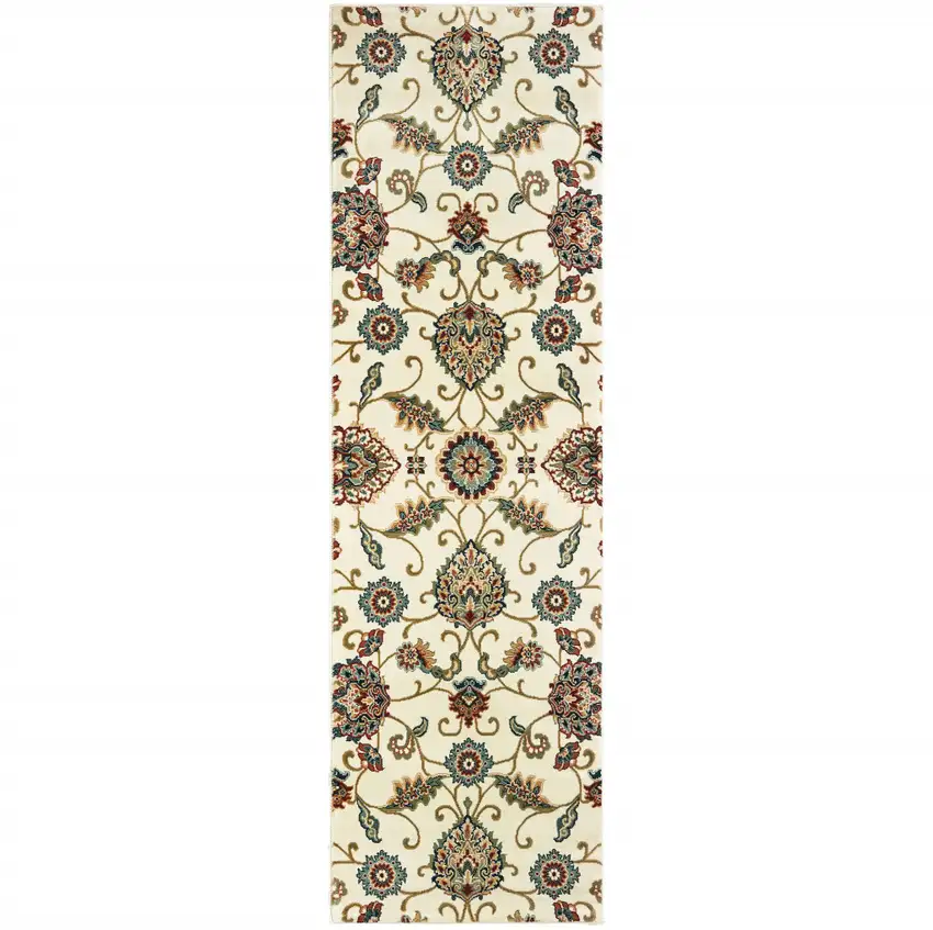 Ivory Floral Power Loom Stain Resistant Runner Rug Photo 4
