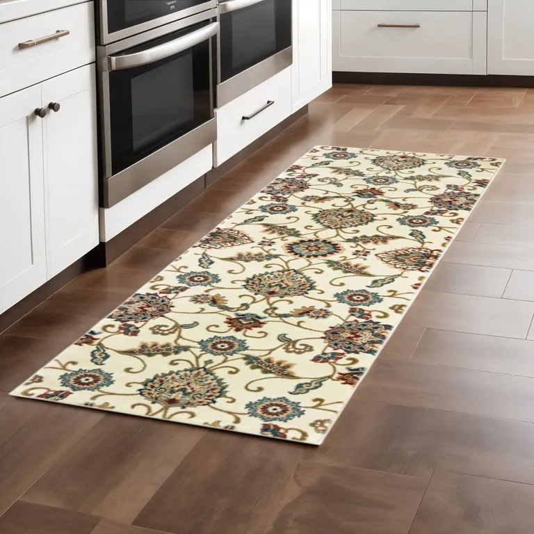 Ivory Floral Power Loom Stain Resistant Runner Rug Photo 1