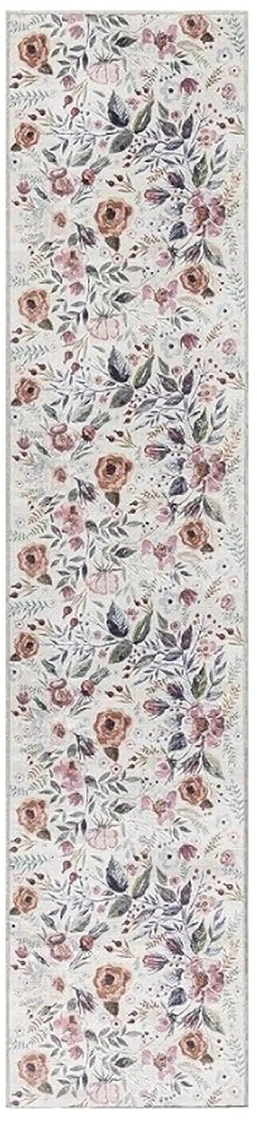 Ivory Floral Power Loom Washable Non Skid Runner Rug Photo 1