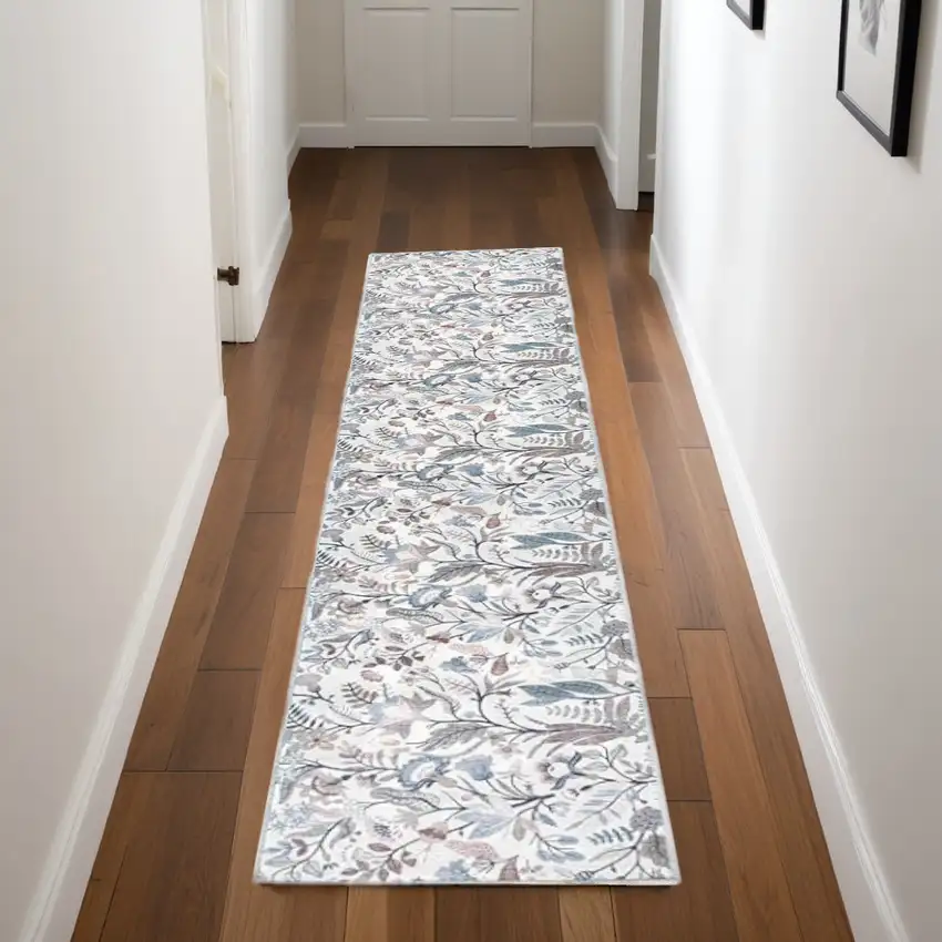 Ivory Floral Power Loom Washable Non Skid Runner Rug Photo 2
