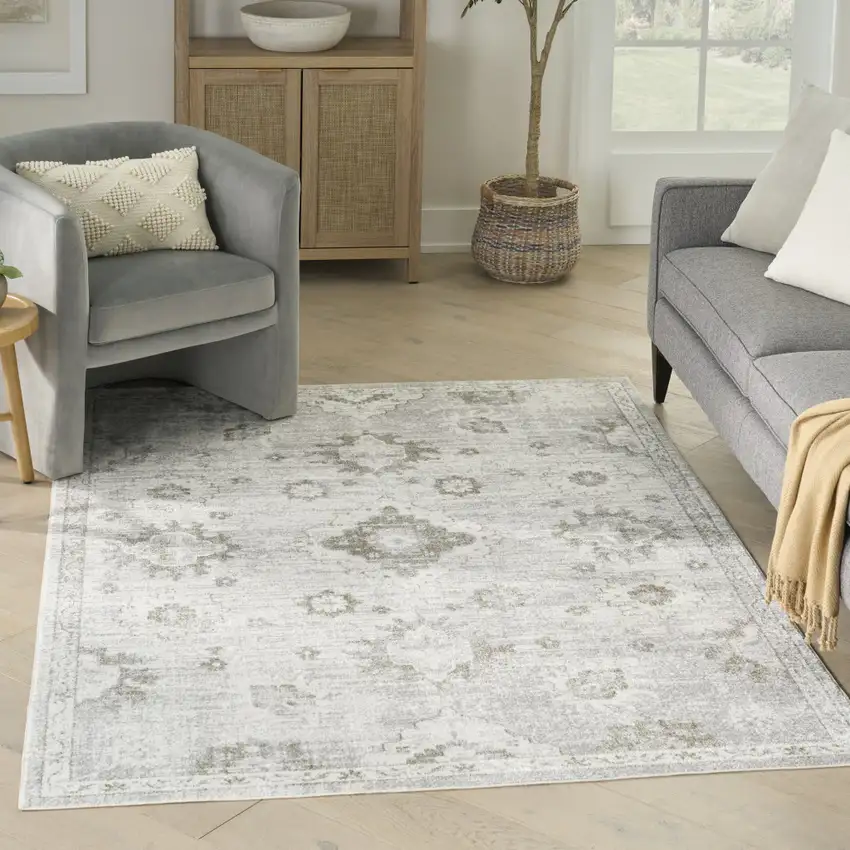 Ivory Floral Power Loom Worn Faded Area Rug Photo 5