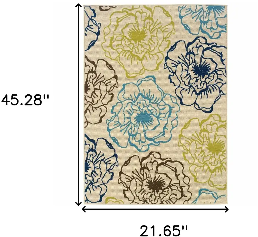 Ivory Floral Stain Resistant Indoor Outdoor Area Rug Photo 5