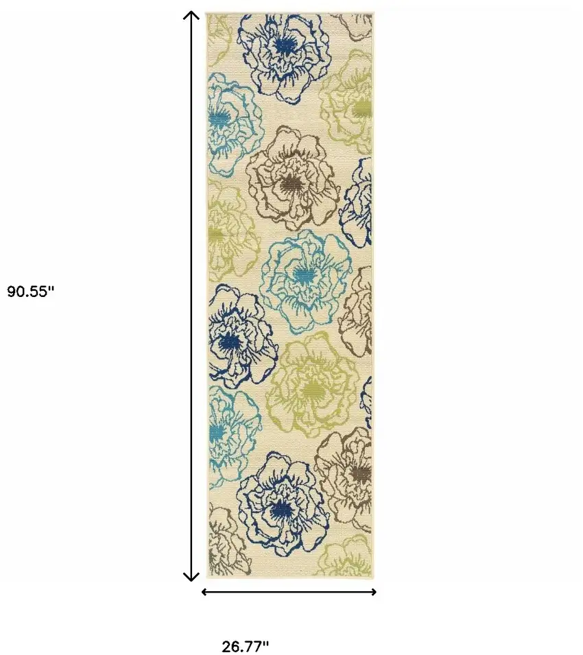 Ivory Floral Stain Resistant Indoor Outdoor Area Rug Photo 4