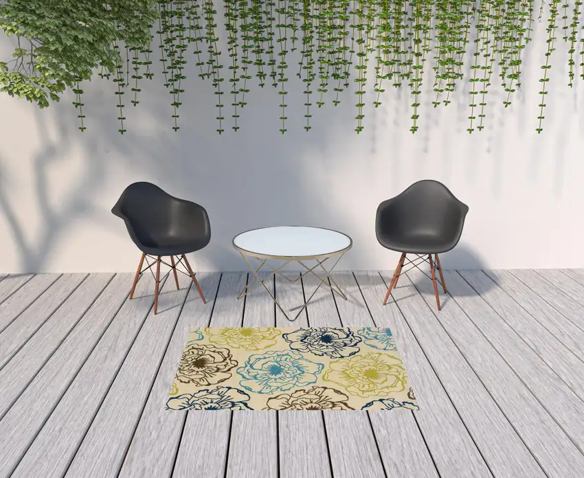Ivory Floral Stain Resistant Indoor Outdoor Area Rug Photo 2