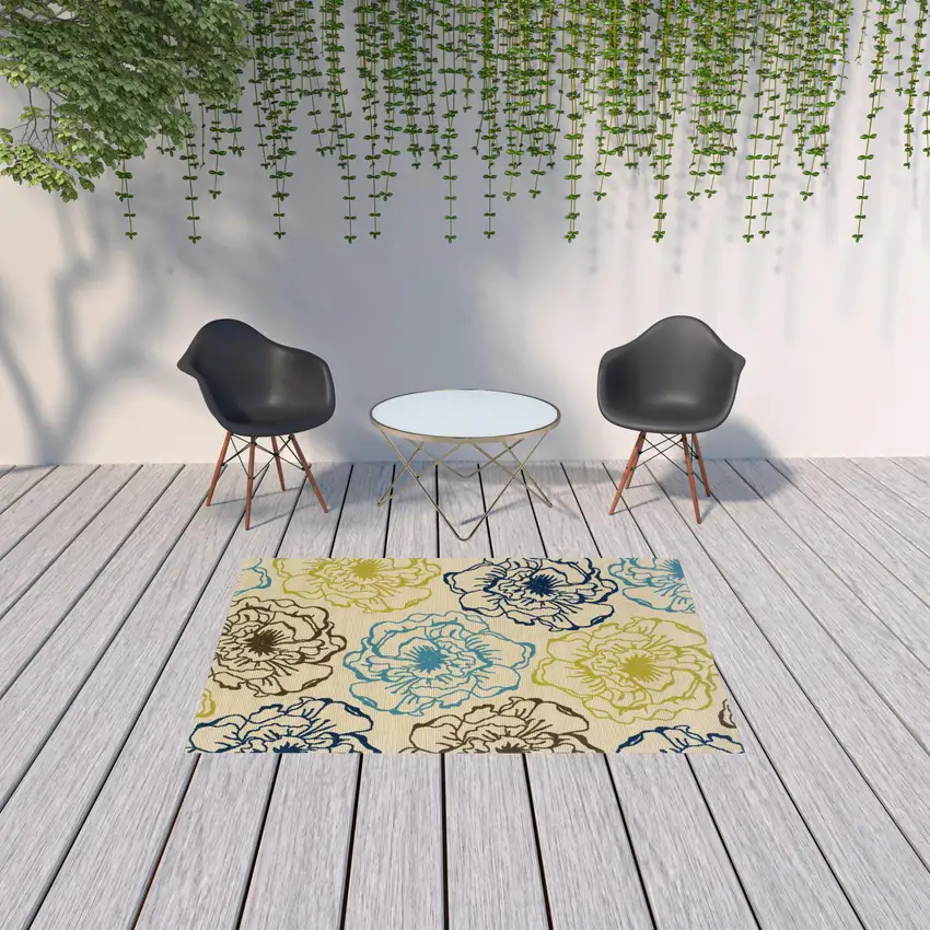 Ivory Floral Stain Resistant Indoor Outdoor Area Rug Photo 2