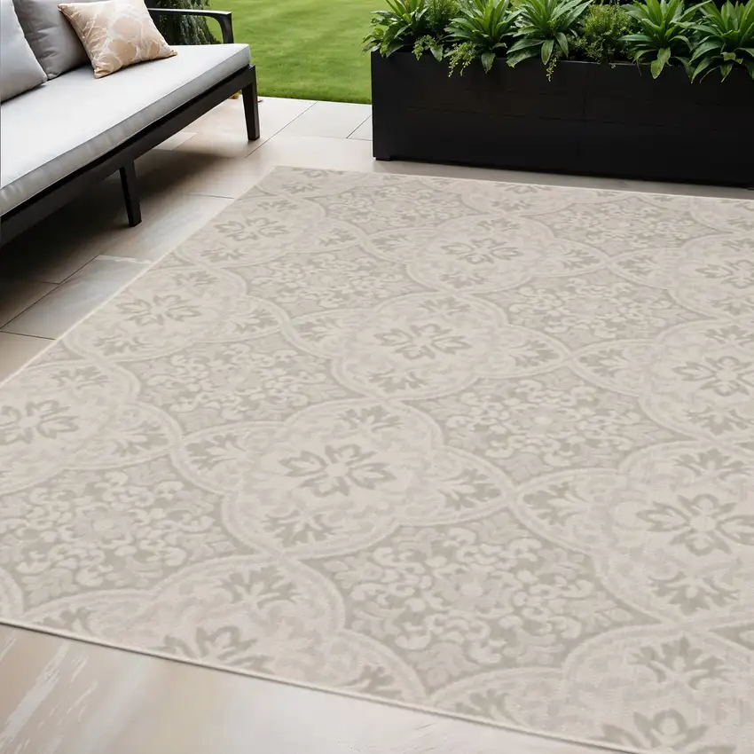 Gray and Ivory Floral Stain Resistant Indoor Outdoor Area Rug Photo 1